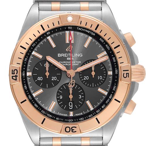The image shows a front view of the Breitling Chronomat UB0134 Men's Steel and Gold (two tone) Grey Dial UB0134 Men's Steel and Gold (two tone) Grey Dial watch, highlighting the dial, bezel, and chronograph sub-dials.