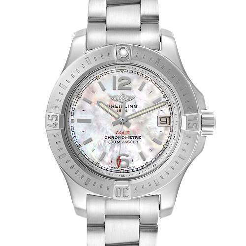 The image shows a frontal view of the Breitling A77388 Women's Stainless Steel Mother of Pearl Dial Colt Lady Steel Mother Of Pearl Dial Ladies Watch A77388, highlighting its face and bracelet.