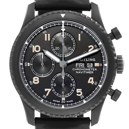The image shows a front view of the Breitling Navitimer M13314101B1X1 Men's Stainless Steel Black Dial M13314101B1X1 Men's Stainless Steel Black Dial watch, highlighting the dial, sub-dials, hands, and the chronograph function.