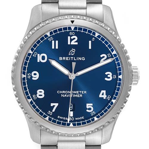 The Breitling Navitimer A17314 Men's Stainless Steel Blue Dial watch is shown from the front, highlighting its blue dial and silver strap.