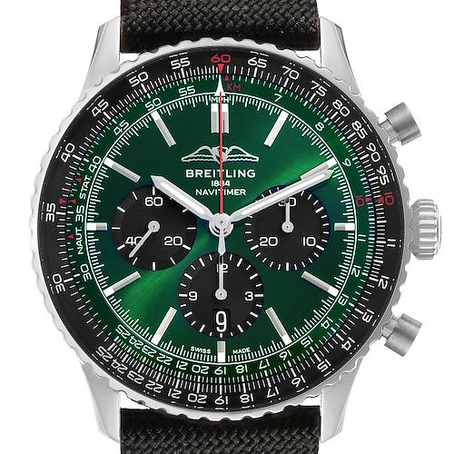 The Breitling Navitimer AB0137 Men's Stainless Steel Green Dial watch is shown from a front angle, highlighting the face, dials, bezel, and crown.