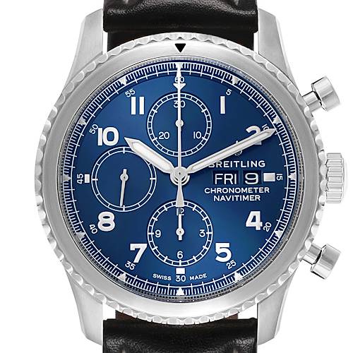 The Breitling Navitimer A13314101C1X2 Men's Stainless Steel Blue Dial watch is shown from the front, displaying the dial, subdials, hands, and crown.