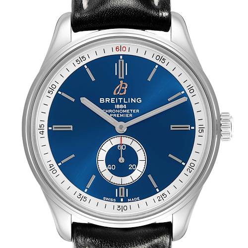 The Breitling Premier A37340351C1P1 Men's Stainless Steel Blue Dial A37340351C1P1 Men's Stainless Steel Blue Dial watch is shown from the front, displaying its blue dial, hour markers, hands, and sub-dial.