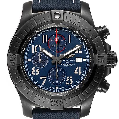 The Breitling Avenger V13375101C1X1 Men's Titanium Blue Dial watch is shown from the front, featuring its blue dial, chronograph subdials, date window, and textured bezel.