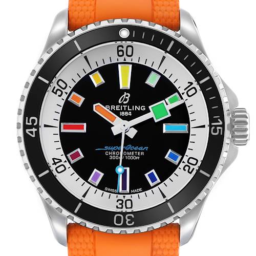 The Breitling Superocean A17375 Men's Stainless Steel Black Dial watch is shown from a front angle, highlighting the colorful dial, bezel, and orange strap.