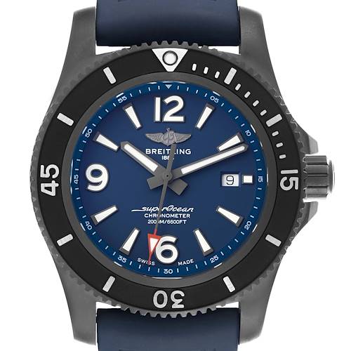 The Breitling Superocean M17368 Men's Stainless Steel Blue Dial watch is shown from a front angle, highlighting the blue dial, bezel, and strap.