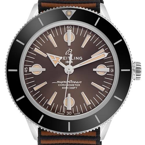 The Breitling Superocean A10370 Men's Stainless Steel Brown Dial A10370 Men's Stainless Steel Brown Dial watch is shown from the front, highlighting the dial, bezel, hands, and strap attachments.