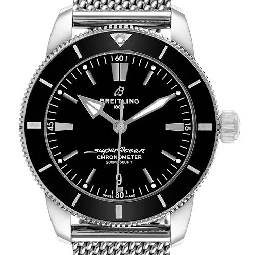 The Breitling Superocean AB2030 Men's Stainless Steel Black Dial watch is shown from a frontal angle, displaying the bezel, dial, hands, indices, crown, and part of the bracelet.