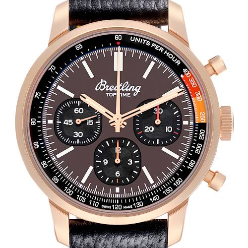 The Breitling Premier RB01761A1Q1X1 Men's Rose Gold Brown Dial RB01761A1Q1X1 Men's Rose Gold Brown Dial model watch is shown from the front, featuring its dial, chronograph subdials, and crown.