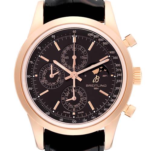 The image shows a front view of a Breitling Transocean R19310 Men's Rose Gold Black Dial R19310 Men's Rose Gold Black Dial watch, highlighting the dial, subdials, and crown.