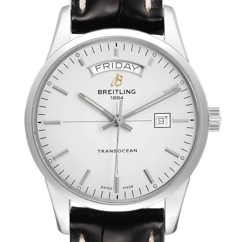 The Breitling Transocean A45310 Men's Stainless Steel Silver Dial watch is shown from the front, displaying the dial, day, date, hands, and leather strap.