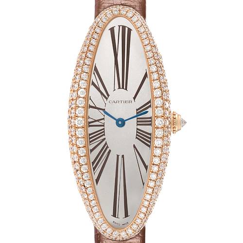 The Cartier Baignoire WJBA0006 Women's Rose Gold Silver Dial watch is shown from a front angle, displaying its oval diamond-encrusted bezel and Roman numeral face.