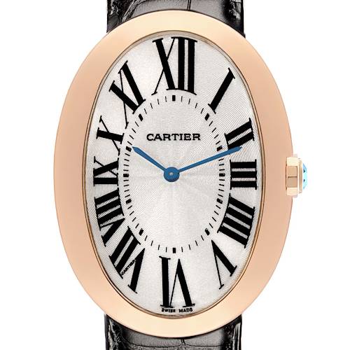 The Cartier Baignoire W852000002 Women's Rose Gold Silver Dial watch is shown from the front, highlighting its oval face, Roman numerals, and blue hands.