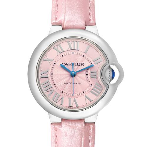 The Cartier Ballon Bleu WSBB0002 Women's Stainless Steel Pink Dial watch is shown from a front angle, highlighting its pink dial, Roman numerals, and pink leather strap.