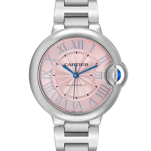 The Cartier Ballon Bleu WSBB0046 Men's Stainless Steel Pink Dial watch is shown from the front, highlighting the dial, Roman numerals, and crown with a blue cabochon.