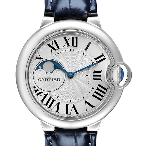 The Cartier Ballon Bleu WSBB0020 Men's Stainless Steel Silver Dial watch is shown from a front angle, highlighting its dial, roman numerals, and moonphase.