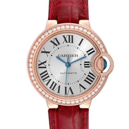 The Cartier Ballon Bleu WJBB0033 Women's Rose Gold Silver Dial watch is shown from the front, featuring its face, bezel, and strap.