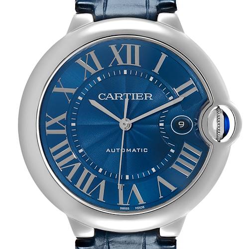 The Cartier Ballon Bleu WSBB0027 Men's Stainless Steel Blue Dial watch is shown from a front angle, highlighting its round face, Roman numerals, and distinctive crown.