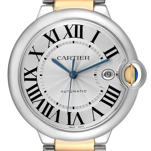The image shows a frontal view of a Cartier Ballon Bleu W69009Z3 Men's Steel and Gold (two tone) Silver Dial W69009Z3 Men's Steel and Gold (two tone) Silver Dial watch, highlighting the dial and elegant crown design.