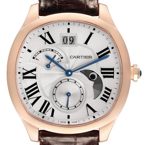 The Drive de Cartier watch is shown from the front, highlighting its dial, hands, subdials, and leather strap.