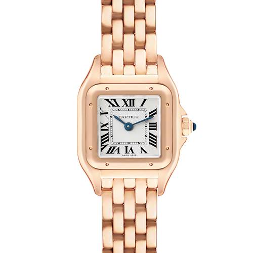 The Cartier Panthère watch is shown from the front, displaying the face, Roman numerals, bezel, and part of the bracelet.