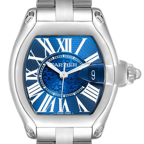 The Cartier Roadster W6206012 Men's Stainless Steel Blue Dial watch is shown from a front angle, highlighting the blue dial, Roman numerals, and date window.