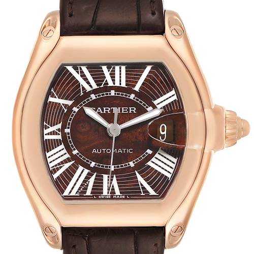 This image shows the face and bezel of the Cartier Roadster W6206001 Men's Rose Gold Brown Dial W6206001 Men's Rose Gold Brown Dial watch, featuring a brown dial and leather strap.