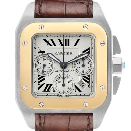 The Cartier Santos W20091X7 Men's Stainless Steel Silver Dial watch is shown from a front angle, highlighting its square face, bezel, dial, and brown leather strap.