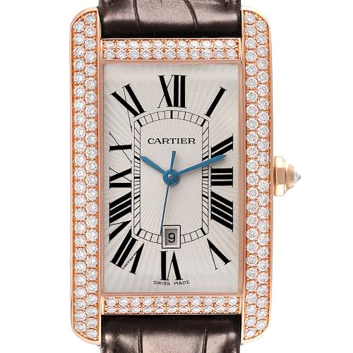 The image shows a Cartier Tank Americaine WB704851 Men's Rose Gold Silver Dial WB704851 Men's Rose Gold Silver Dial watch from the front, highlighting its rectangular face, diamond bezel, and leather strap.