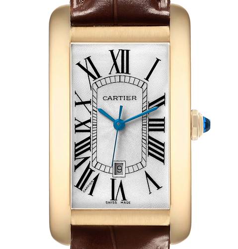 The Cartier Tank Americaine W2603156 Men's Yellow Gold Silver Dial watch is shown from a front angle, highlighting the dial, Roman numerals, hands, and date window.
