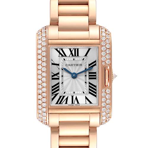 The Cartier Tank Anglaise WT100002 Women's Rose Gold Silver Dial watch is shown from a front view, highlighting the face, case, diamond accents, and bracelet.