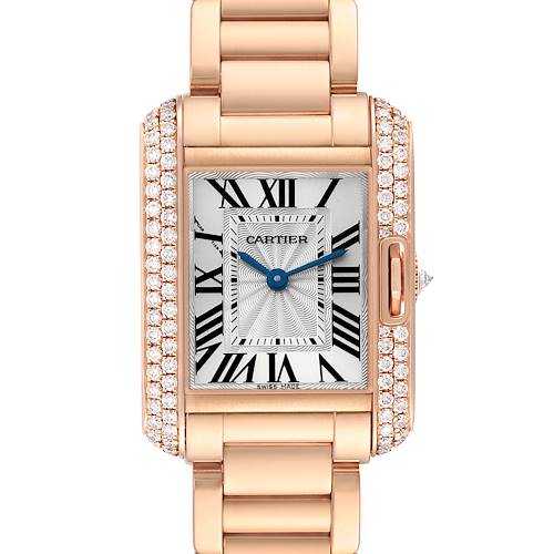 The Cartier Tank Anglaise WT100002 Women's Rose Gold Silver Dial watch is shown from a front view, highlighting its rectangular face, Roman numerals, and diamond-encrusted bezel.