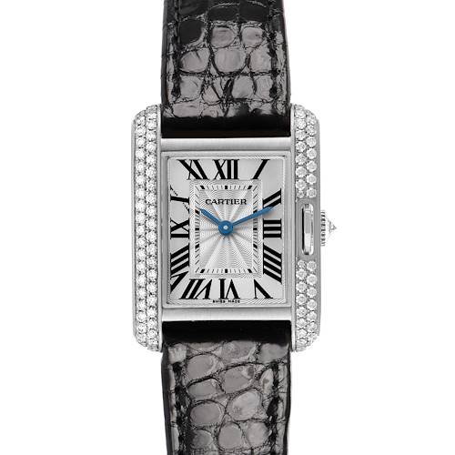 This Cartier Tank Anglaise WT100015 Women's White Gold Silver Dial watch is shown from a front angle, displaying its face, dial, and strap.