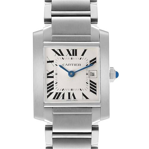 The Cartier Tank Francaise W51011Q3 Women's Stainless Steel Silver Dial watch is shown from a front angle, displaying its rectangular face, Roman numerals, and metallic bracelet.