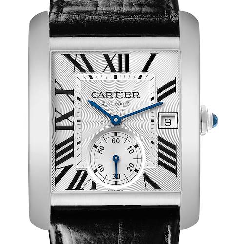 The image shows a frontal view of a Cartier Tank MC W5330003 Men's Stainless Steel Silver Dial watch, highlighting the dial, Roman numerals, date window, and sub-dial.