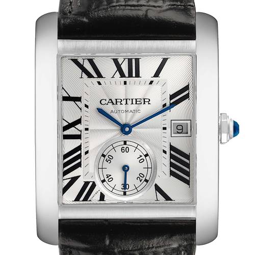 The Cartier Tank MC W5330003 Men's Stainless Steel Silver Dial watch is shown from the front, displaying its rectangular dial and black leather strap.