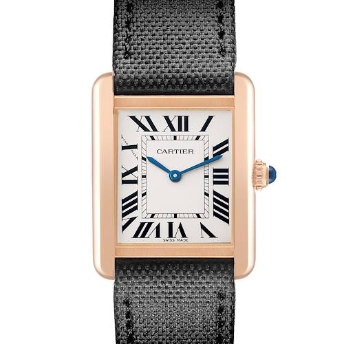 The Cartier Tank Solo W5200024 Women's Rose Gold Silver Dial watch is shown from the front, displaying its face, Roman numerals, hands, and part of the strap.