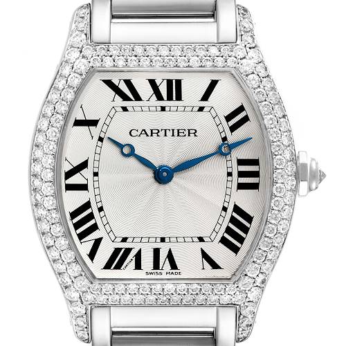 This image shows a close-up, front view of the Cartier Tortue WA504351 Men's White Gold Silver Dial WA504351 Men's White Gold Silver Dial watch face and part of the bracelet.