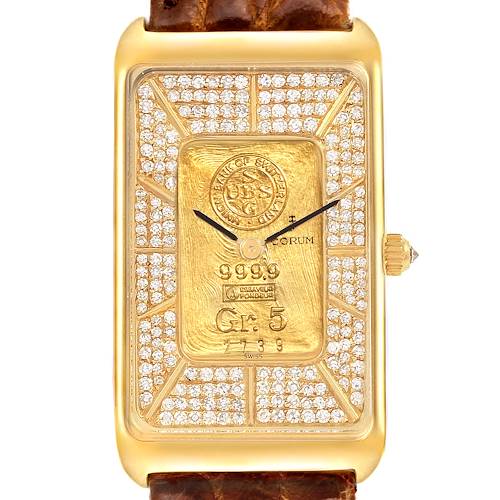 The image shows a frontal view of the Corum 55400 Women's Yellow Gold Champagne Dial 55400 Women's Yellow Gold Champagne Dial 5 Gram Ingot Yellow Gold Diamond Ladies Watch 55400 model.