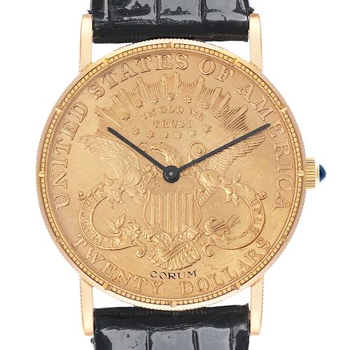 The Corum Coin Watch 4414556 Men's Yellow Gold Champagne Dial 4414556 Men's Yellow Gold Champagne Dial model is shown from the front, highlighting the coin dial, eagle engraving, and black leather strap.