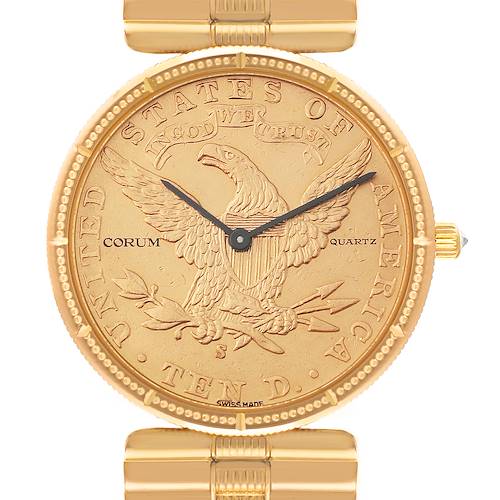 This image shows a front view of a Corum 5014856 V41 Women's Yellow Gold Champagne Dial 5014856 V41 Women's Yellow Gold Champagne Dial Coin 10 Dollars Double Eagle Yellow Gold Ladies Watch 1901 model, highlighting the face and part of the strap.