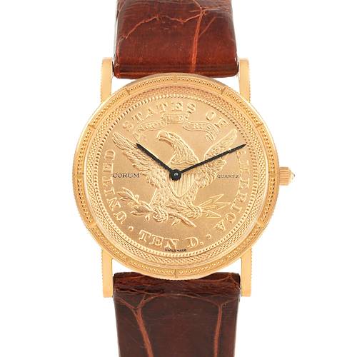 The image shows a Corum Women's Yellow Gold Black Dial Women's Yellow Gold Black Dial Yellow Gold 10 Dollars Coin Diamond Ladies Watch Year 1882 model from a straight-on angle.