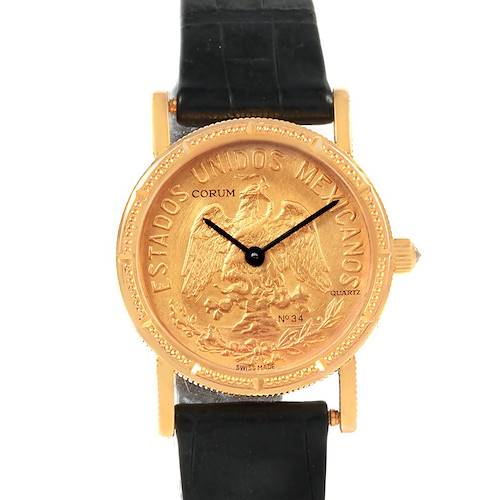 The image shows a front view of the Corum  Women's Yellow Gold Black Dial  Women's Yellow Gold Black Dial Yellow Gold 10 Pesos Coin Year 1959 Diamond Ladies Watch with a black strap.