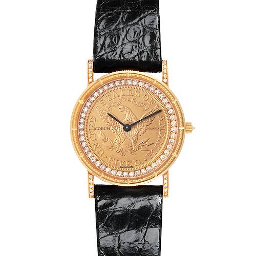 The Corum 1887 Women's Yellow Gold Champagne Dial 1887 Women's Yellow Gold Champagne Dial Yellow Gold 5 Dollars Coin Diamond Ladies Watch is shown from the front, highlighting its coin design, diamonds, and black strap.