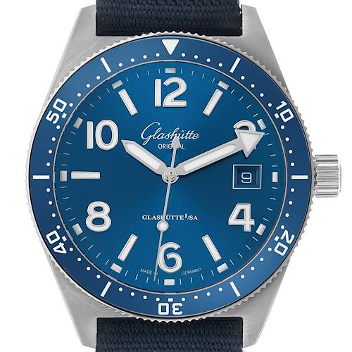 The Glashütte Original model is shown from the front, displaying the watch face, bezel, hands, numerals, and a date window.