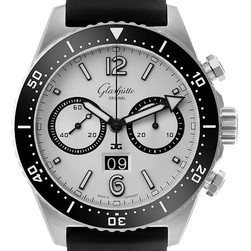 The Glashütte Original model is shown from the front, featuring the dial, bezel, and crown with detailed hands and markers.