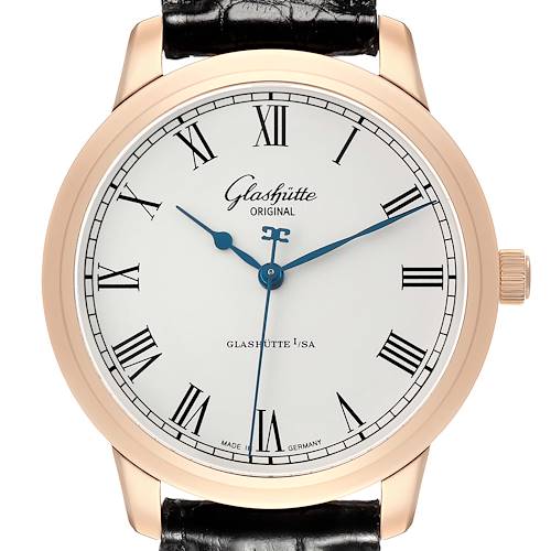 The image shows a frontal view of the Glashütte Senator watch, highlighting its face, Roman numerals, hands, and bezel.