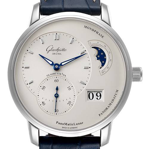 The image shows a Glashütte PanoMaticLunar watch displaying time, moonphase, and date features from a front angle.