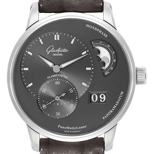 The image shows a Glashütte PanoMaticLunar watch, model 1-90-02-43-32-05, displaying its dial with moon phase, sub-seconds, and date at a front angle.