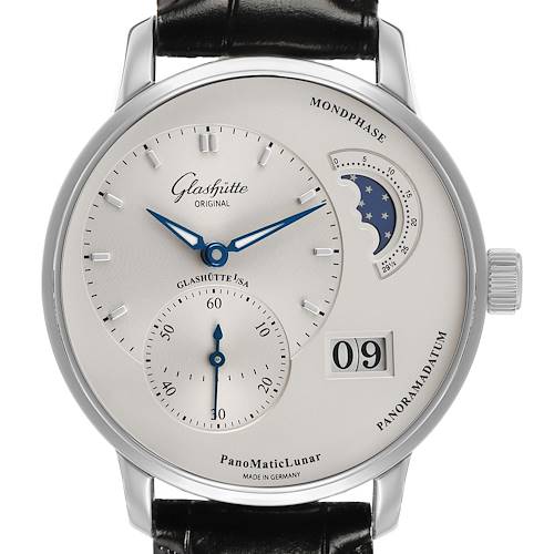 The Glashütte Pano watch is shown from the front, highlighting the dial, moon phase, and date display.